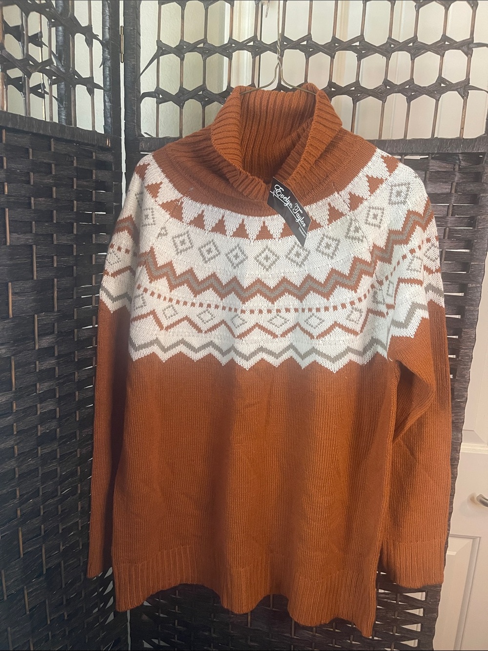 Cozy Fair Isle Cowl Neck Sweater in Rust and Cream